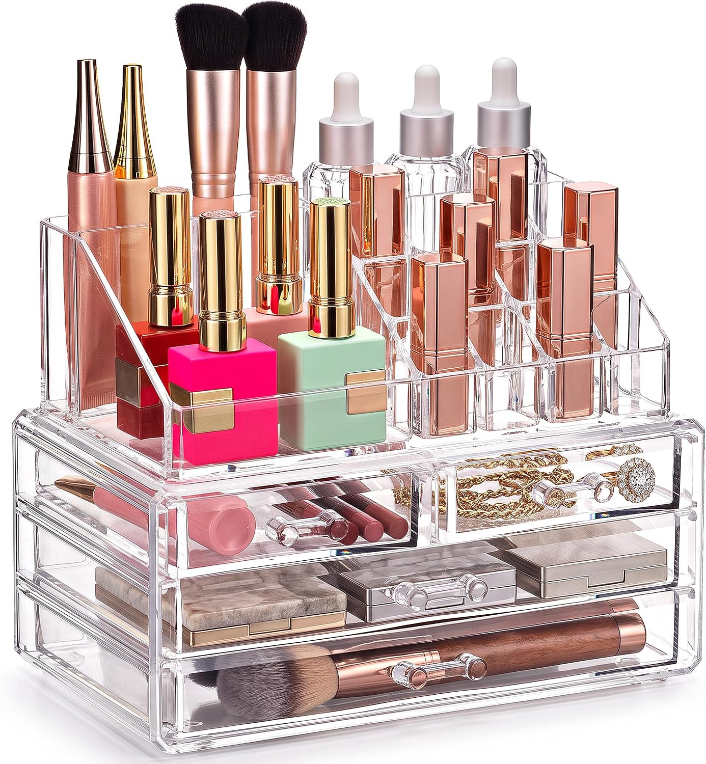 Masirs Clear Makeup Organizer with 4 Drawers 16 Compartments, Countertop | Amazon (US)