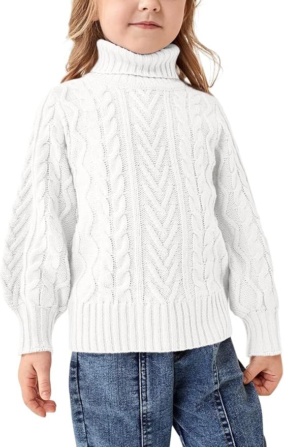 Girls Sweater Turtle Neck Puff Sleeve Chunky Cable Knit Kids Pullover Jumper Top | Amazon (US)