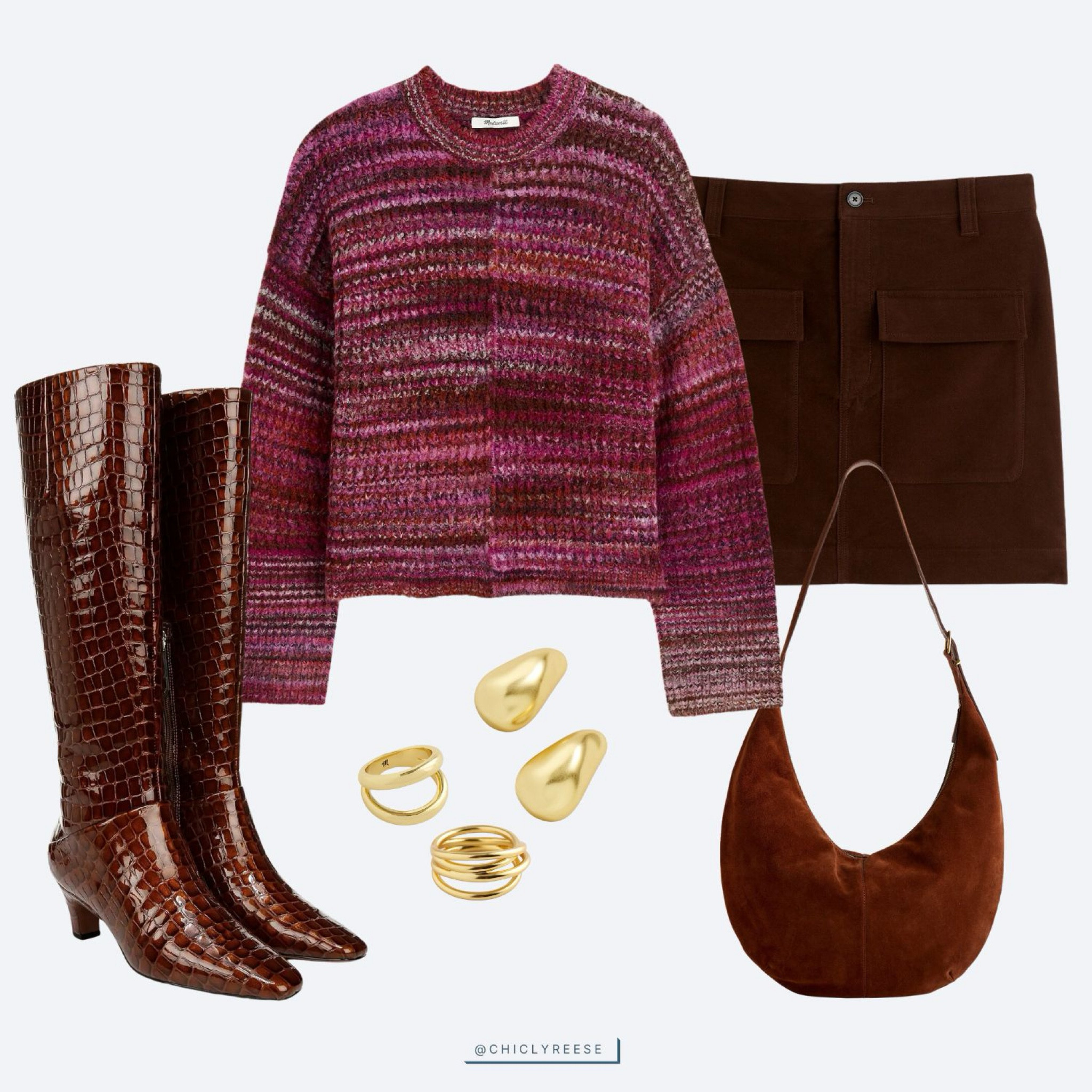 Winter outfit inspo featuring a cute suede mini skirt, a colorful sweater, brown boots and gold jewelry. 

 #LTKSeasonal #LTKSaleAlert #LTKShoeCrush