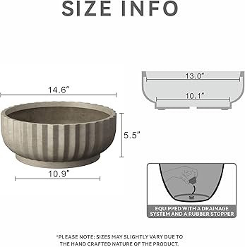 Kante Round Fulted Bowl Planter, 14.6 Inch Dia Large Concrete Flower Pots with Drainage Hole and ... | Amazon (US)