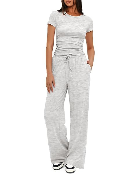 Trendy Queen 2 Piece Matching Summer Sweatsuit Lounge Set Womens Side Ruching Top Wide Leg Pants ... | Amazon (US)