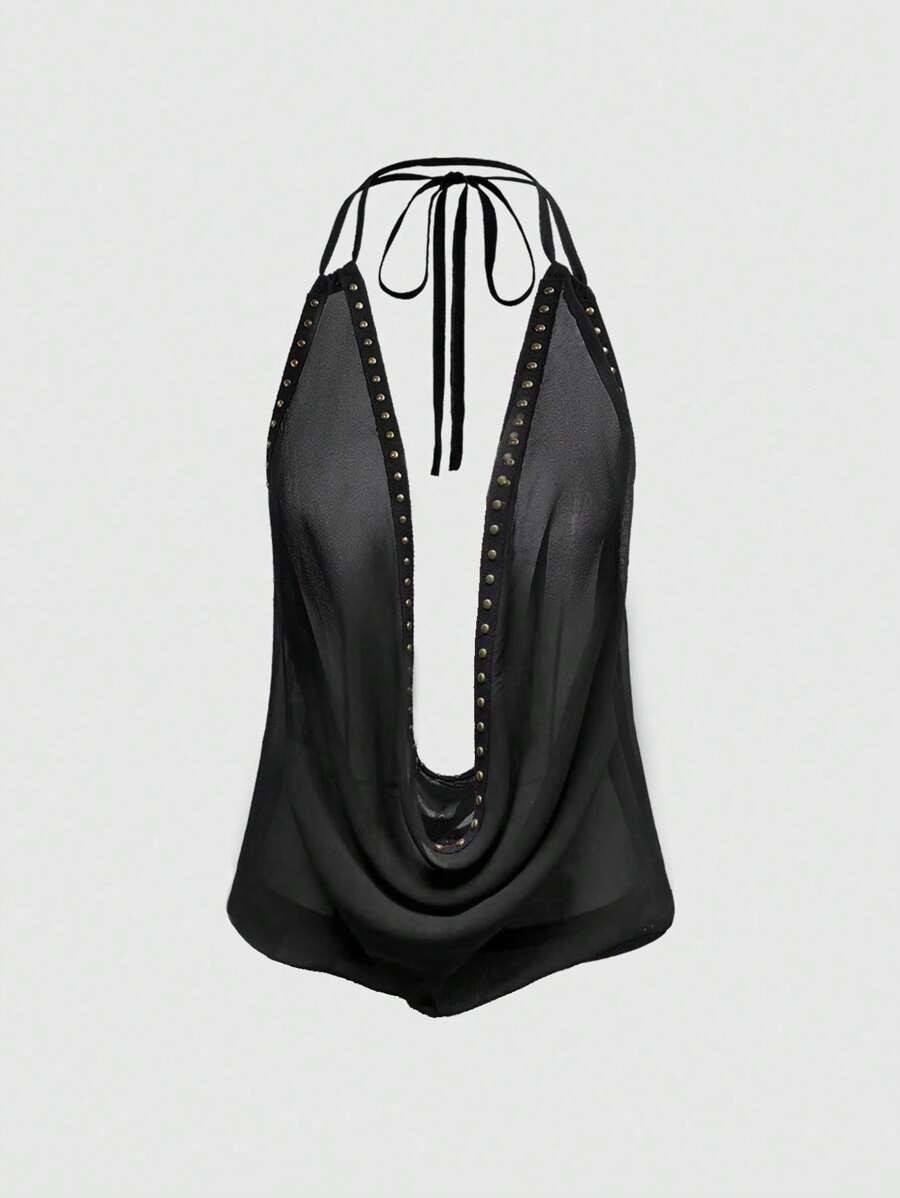 ROMWE Grunge Punk Spring/Summer Carnival Beach Vacation Black Sexy Deep V Vintage Sling Open Back... | SHEIN