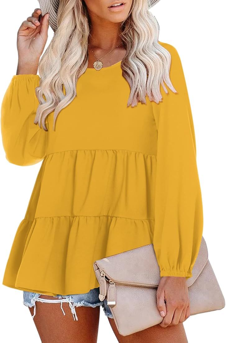 Beluring Womens Long Sleeve Casual Babydoll Tops Ruffle Peplum Solid Blouse T-Shirts | Amazon (US)