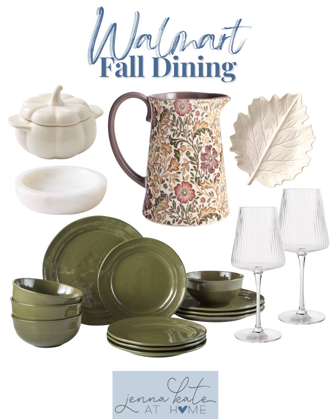 Walmart fall dining includes dinnerware set, wine glasses, leaf plate, pitcher, pumpkin cocotte, and bowl.

Home decor, dining decor, looks for less, fall dining.

#LTKHome #LTKSeasonal #LTKSaleAlert