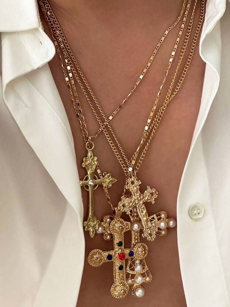 4pcs Vintage Fashionable Multi-Element Metal Cross Pendant Necklace Set, Suitable For Men To Layer Wear | SHEIN