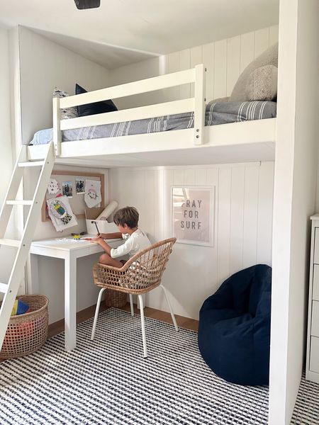 Boys built in loft bunk bed with beach house, coastal style 
White and blue coastal boys bedroom 

#LTKhome #LTKkids