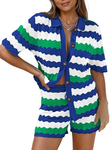 Pink Queen Women Knit Shorts Set 2 Piece Outfits Short Sleeve Button Down Shorts Lounge Set Striped Blue L | Amazon (US)