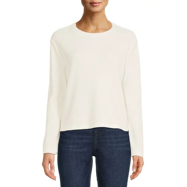 Time and Tru Women's Cropped Waffle Top with Long Sleeves | Walmart (US)