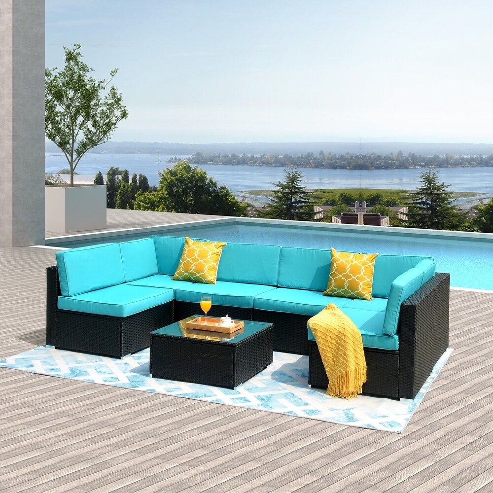 Outdoor Backyard Pool Furniture 7 Pcs Rattan Wicker sectional (Blue) | Bed Bath & Beyond