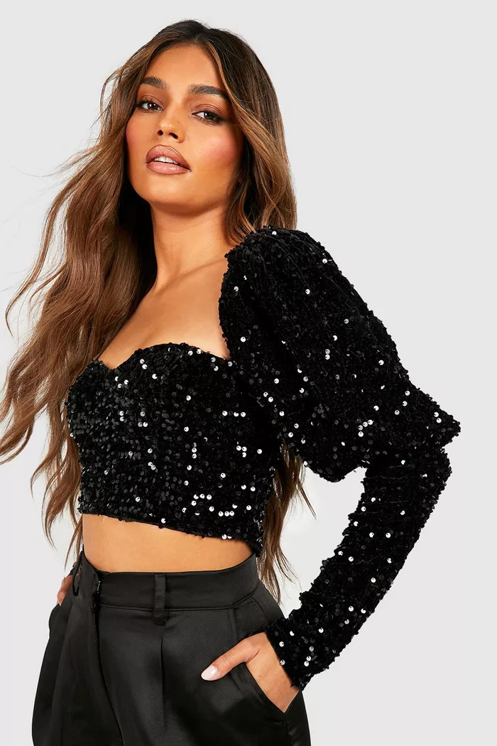 Black Sequin Sweetheart Neck Top | Boohoo.com (UK & IE)
