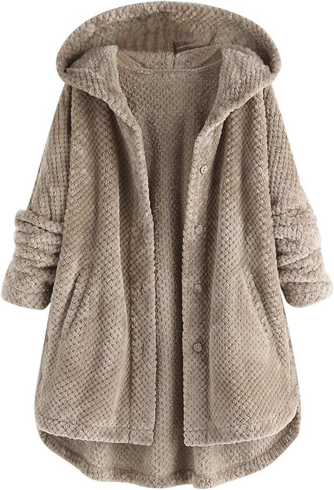 Hooded Cardigan Fleece Faux Fur Coats for Women Long Sleeve Teddy Bear Jacket Button Fluffy Pullo... | Amazon (US)