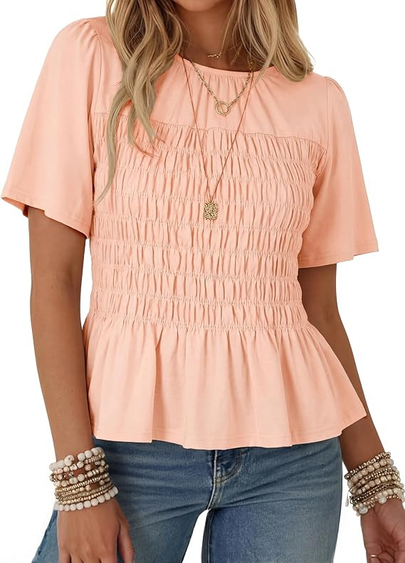 Watashi Women Summer Tops Smocked Elastic Pleated Peplum Ruffle Hem Short Sleeve Babydoll Top Cas... | Amazon (US)