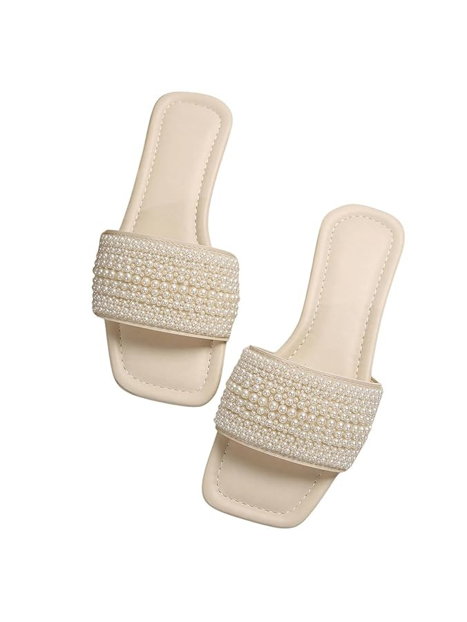 GORGLITTER Women's Pearls Sandals Rhinestone Flat Sandals Dressy Open Toe Slide Sandals | Amazon (US)