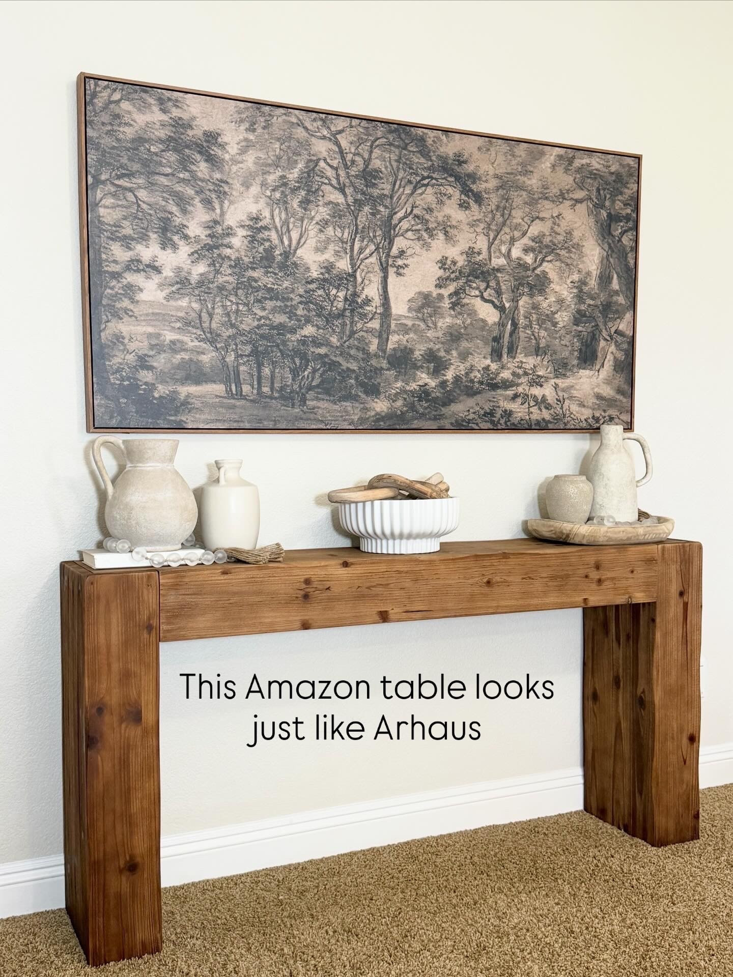 Amazon version of the Ubud Arhaus rustic wood plank console. Very large 63” modern organic side table console buffet. XL wall canvas abstract art from Amazon. Styled extra large console and art.

#LTKHome