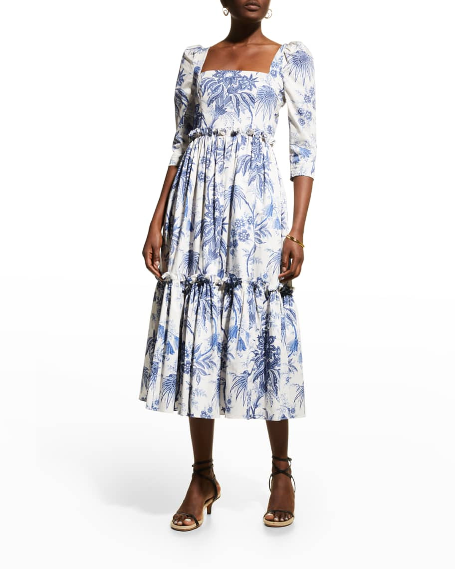 Cara Cara Blue Hill Printed Poplin Midi Dress | Neiman Marcus