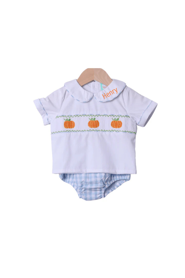Smocked Blue Gingham Pumpkin Diaper Set | The Smocked Flamingo