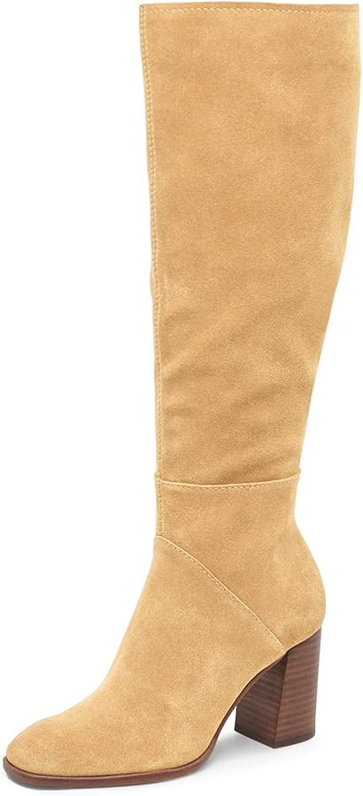 Coutgo Womens Knee High Boots Square Toe Chunky Block Heel Side Zipper Faux Suede Long Boots Fall... | Amazon (US)