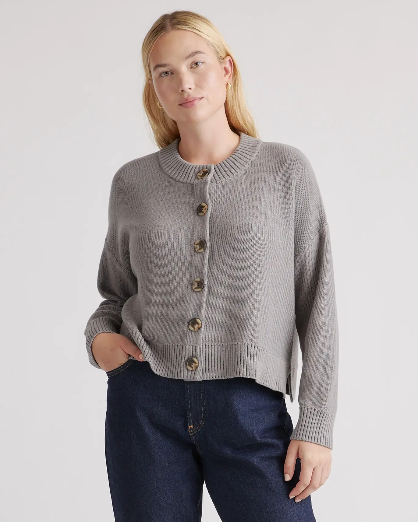 100% Organic Cotton Cropped Cardigan in Grey | Quince