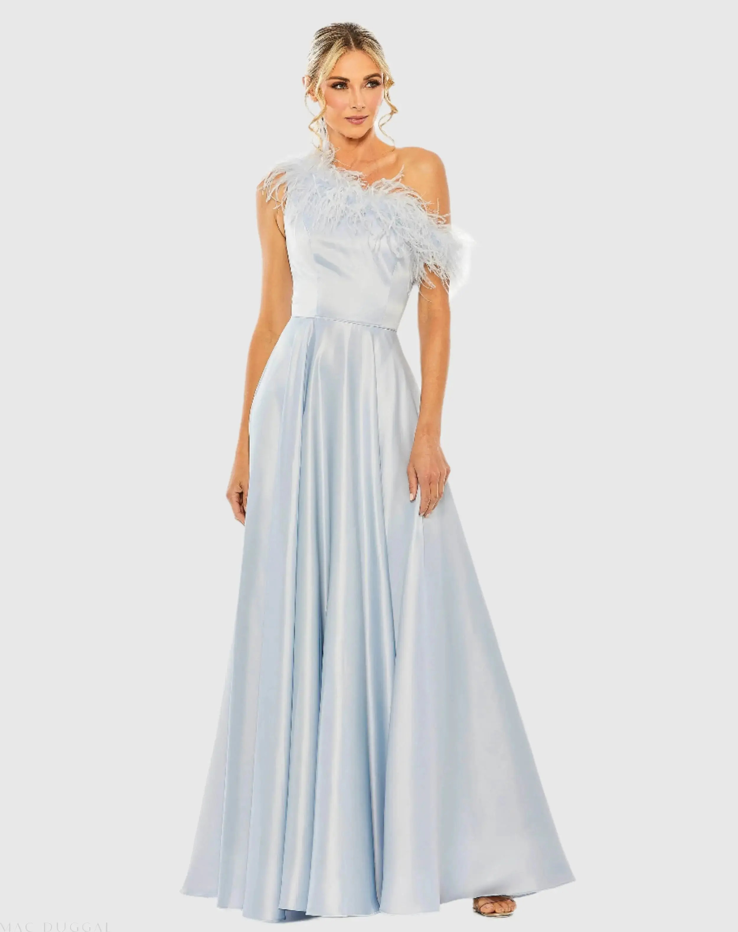 Blue One Shoulder A Line Gown With Feather Detail - Mac Duggal | Mac Duggal