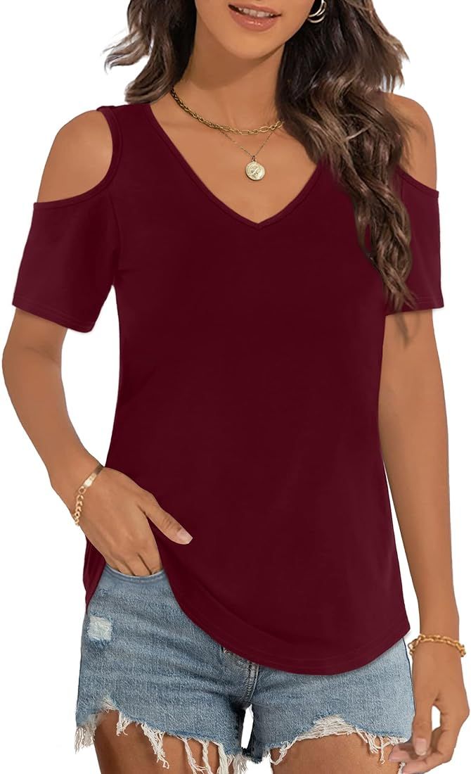 Elesomo Womens V Neck Cold Shoulder Tops Short/Long Sleeve Summer T Shirts Basic Tees | Amazon (US)