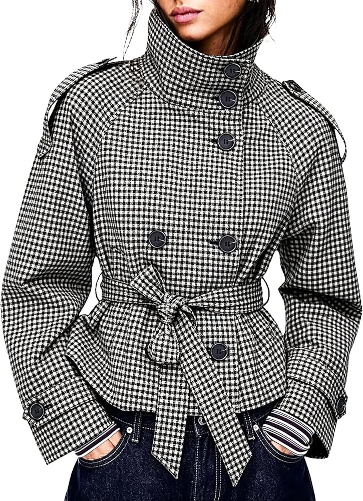 Women's Gingham Trench Coat Double Breasted Short Jacket | Amazon (US)