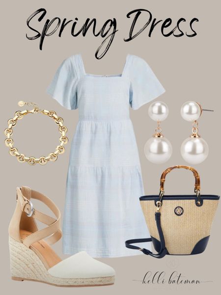 Light blue spring mid length dress with puff sleeve, gold jewelry, Pearl earrings, tan and black hand bag, tan edge sandals from Walmart. 

#LTKstyletip #LTKFind #LTKfit