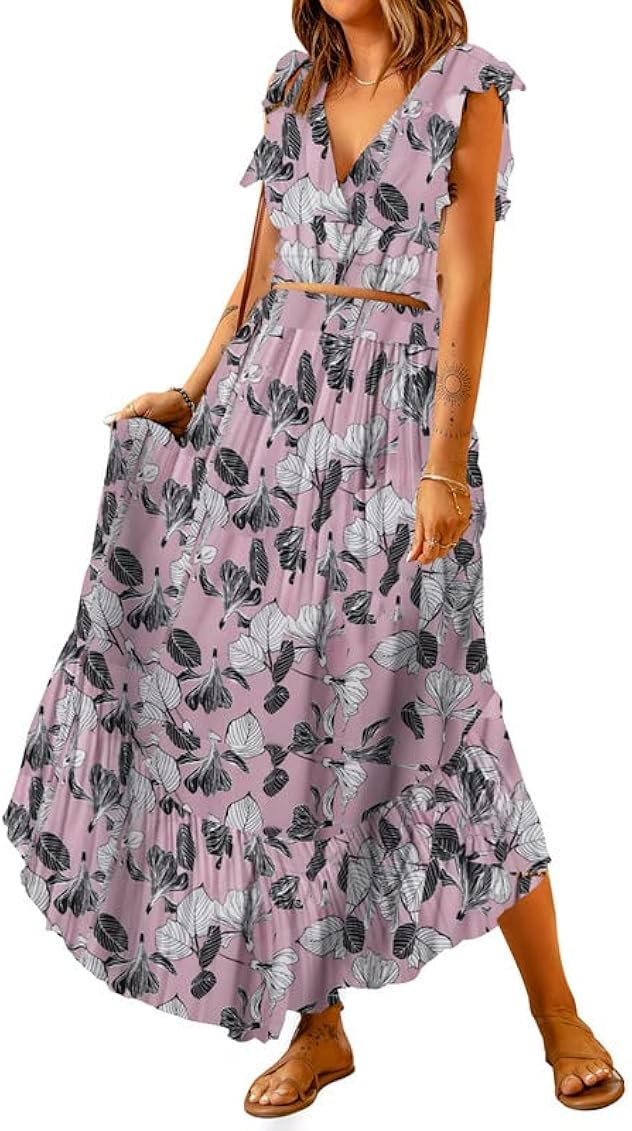 Dokotoo Women's Boho Dress Deep V Neck 2 Piece Skirt Sets Ruffle Cap Sleeve Tie Waist Wrap Chiffo... | Amazon (US)