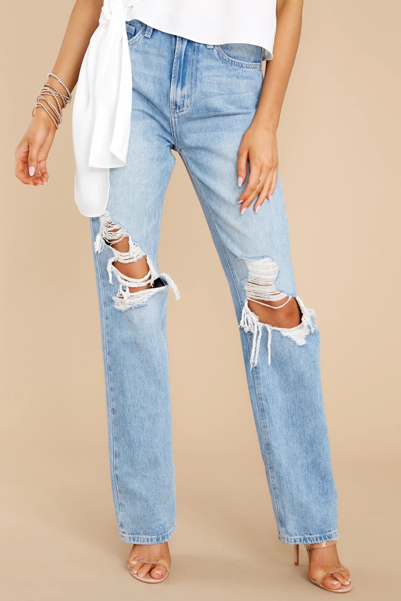 Vividly Dreaming Light Wash Distressed Straight Jeans | Red Dress 
