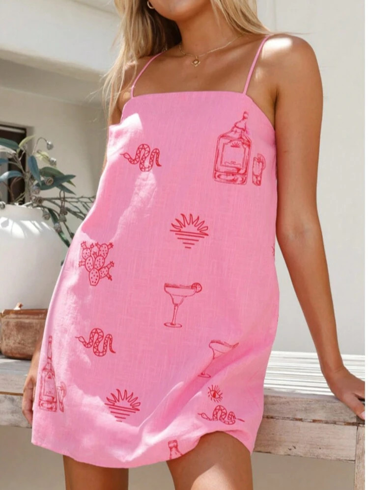 Women Slip Dress, Spaghetti Straps Backless Graphic Print A-Line Dress Summer Mini Dress | SHEIN