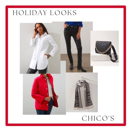 Casual holiday look! Wear this tunic shirt almost year round! Quilted jacket, coated denim and fun textured scarf! 

#LTKsalealert #LTKSeasonal #LTKstyletip