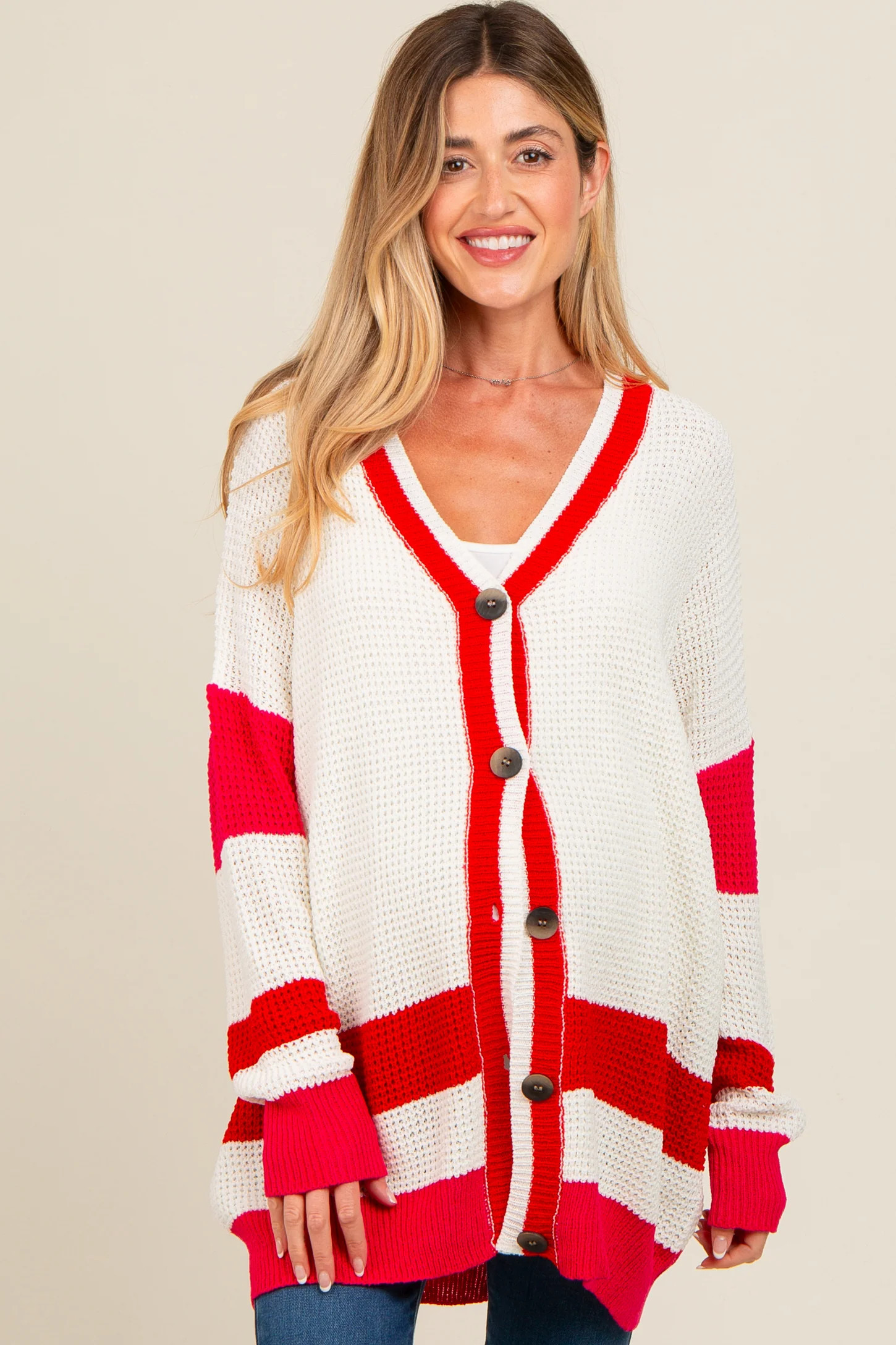 Red Colorblock Button Down Maternity Cardigan | PinkBlush Maternity