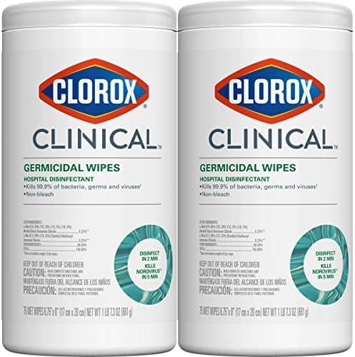 Clorox Clinical Germicidal Wipes Hospital Disinfectant, Non-Bleach, 75 Wet Wipes, Pack of 2 | Amazon (US)
