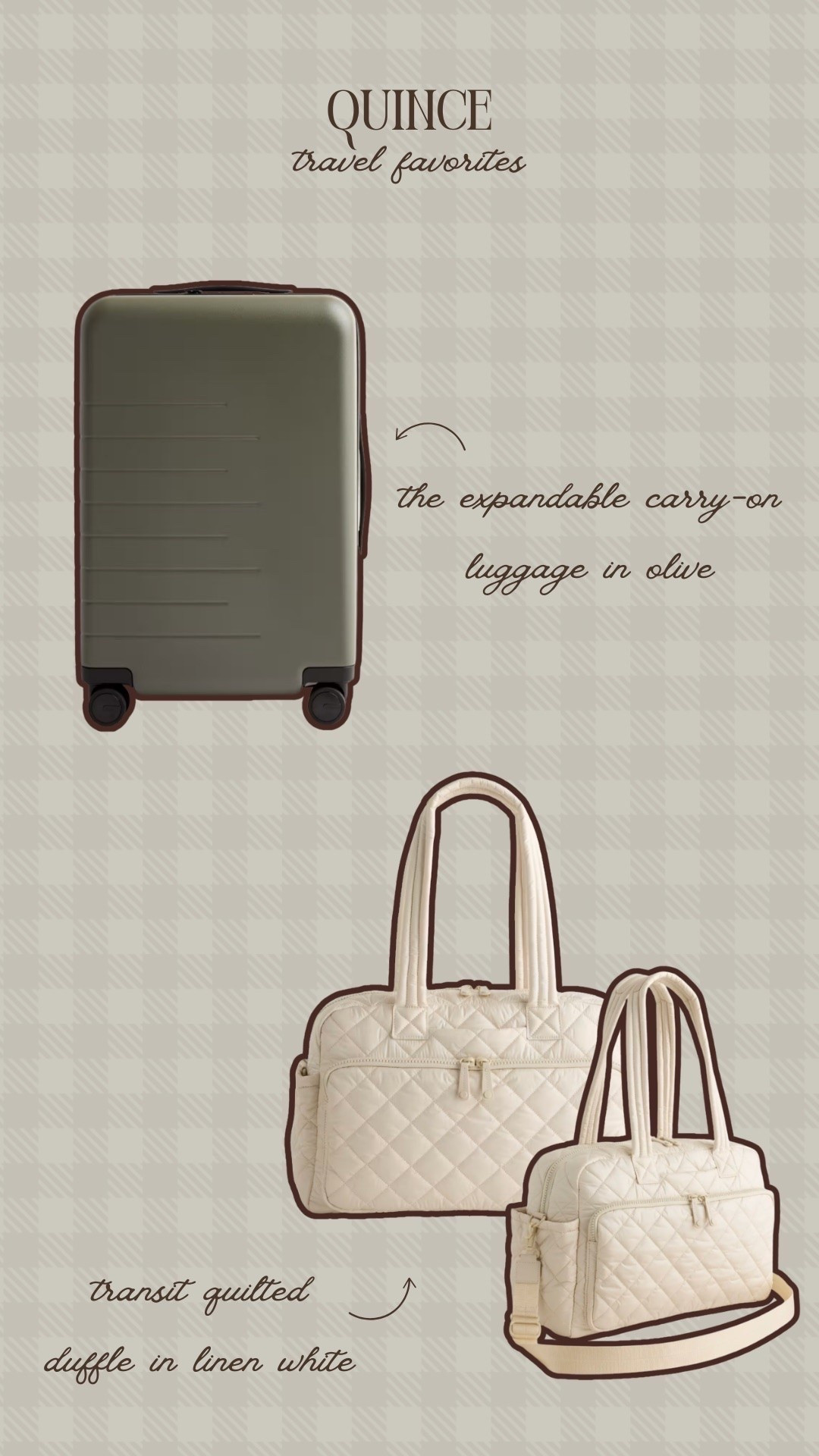 My two favorite Quince travel favorites: the expandable carry-on luggage in olive and the transit quilted duffel in linen white. 🙌🏻 Perfect for our upcoming European vacation!

#LTKTravel