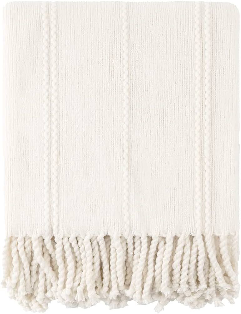 BATTILO HOME White Throw Blanket for Couch, Knitted Cream Throw Blankets for Bed, Decorative Wove... | Amazon (US)