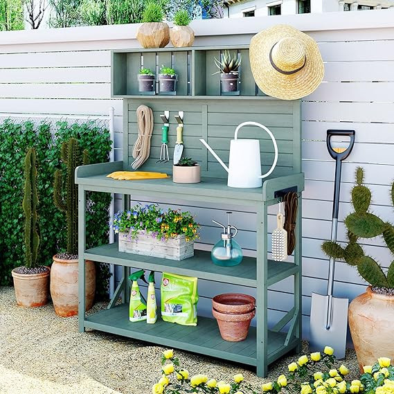 Potting Bench Table with 4 Storage Shelves and Side Hook, Polibi 65" Large Wooden Farmhouse Rusti... | Amazon (US)