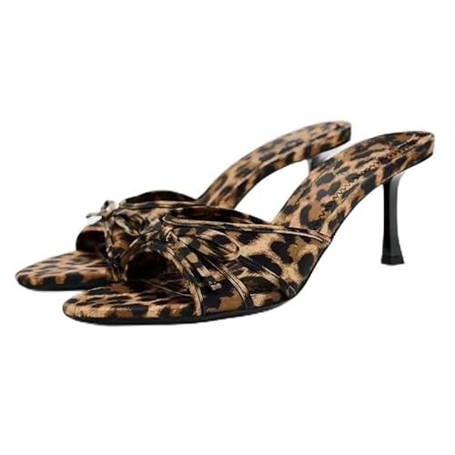Women's Leopard Heels with Bow Open Round Toe Stiletto High Heels Party Dress Slip On Backless Sandals | Amazon (US)