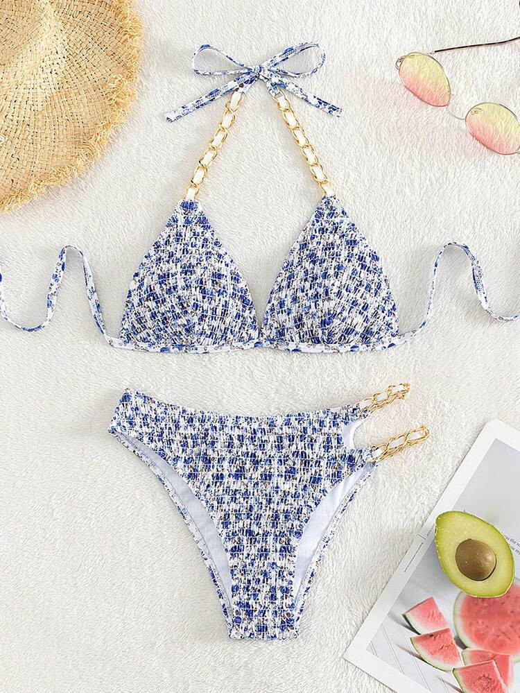 Ditsy Floral Print Chain Linked Smocked Halter Triangle Bikini Swimsuit | SHEIN