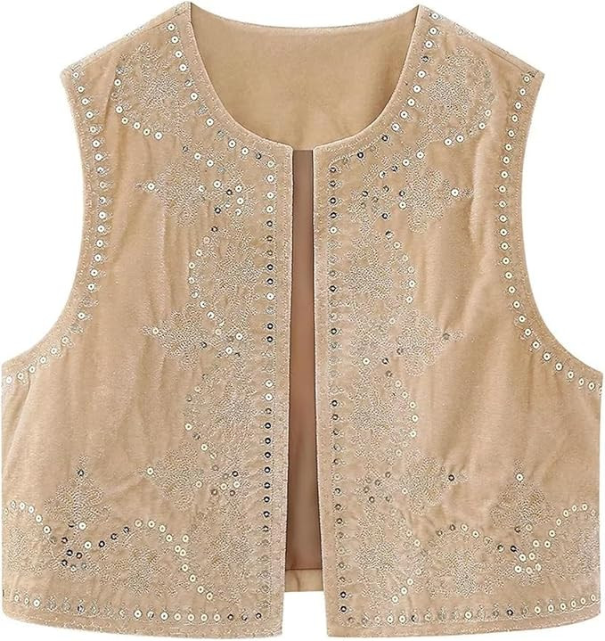 hathne Floral Embroidered Vest for Women Boho Vintage Sleeveless Open Front Vests Tops Waistcoat | Amazon (US)