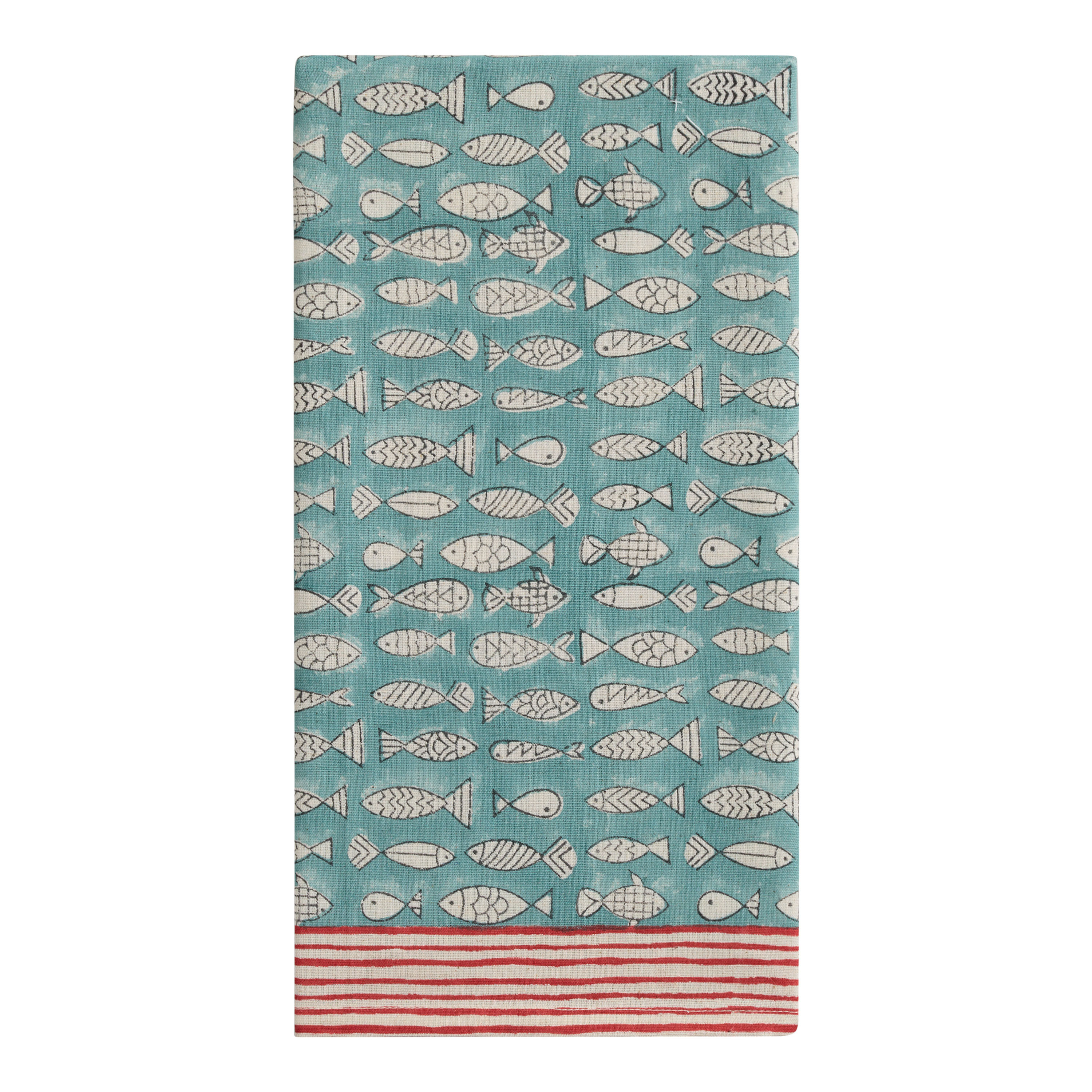 Teal and Red Fish Stripe Block Print Kitchen Towel | World Market