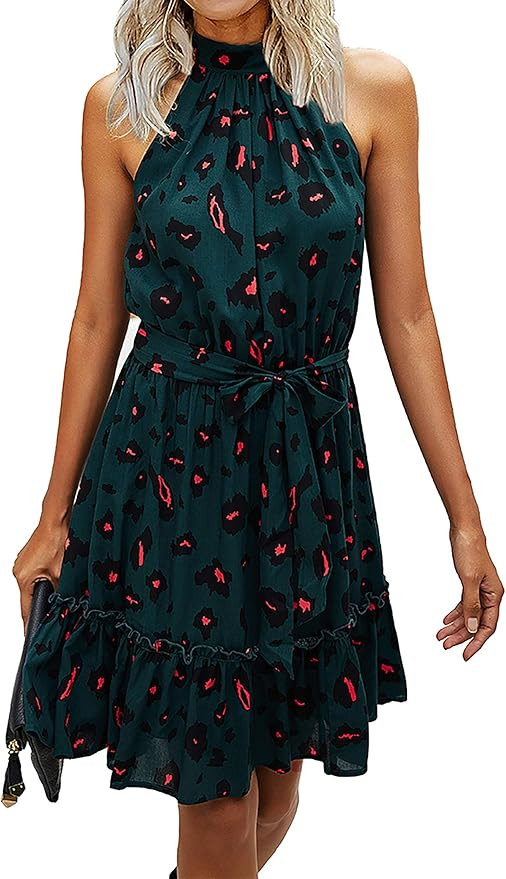 BTFBM Women 2023 Summer Halter Neck Dresses Sleeveless Casual Floral Polka Dot Leopard Print Shor... | Amazon (US)
