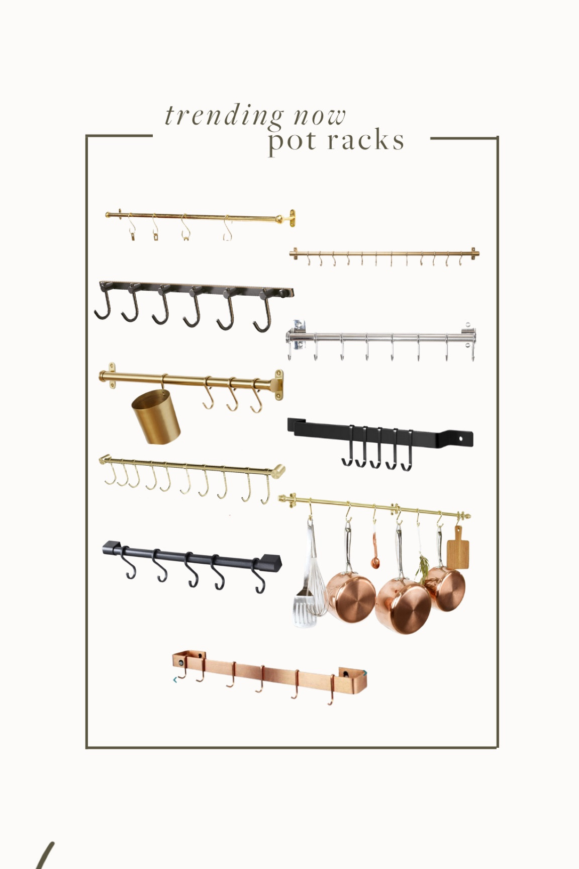 Pot racks add form and function to your kitchen! Use them for hanging pots, cutting boards, or anything else you want to reach easily!

#potracks #kitchendecor #kitchenorganization #rejuvination #mcgeeandco #amazonhome Brass pot racks, copper pot racks, kitchen decor, studio mcgee 

#LTKhome