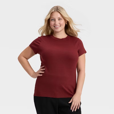 Women's Slim Fit Short Sleeve Ribbed T-Shirt - A New Day™ Maroon XXL | Target