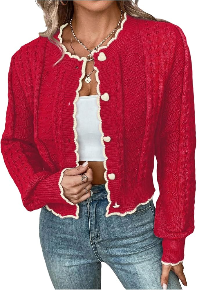 WDIRARA Women's Contrast Trim Button Down Cardigan Sweater Scallop Long Sleeve Knit Outerwear | Amazon (US)