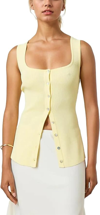 Women Square Neck Button Down Knit Tank Top Button-Up U Neck Sleeveless Backless Solid Slim Sexy ... | Amazon (US)