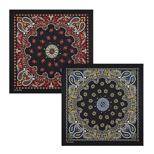 XueMeiHom 100% Cotton Large Bandanas for Men and Women，New Paisley Pattern Bandana ，22 x 22 Inches Bandana Pack (Black red/Black yellow) | Amazon (US)