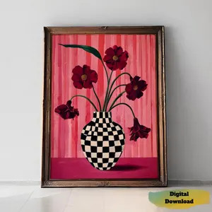 Checkered Vase Floral Art Print, Pink Eclectic Wall Art, Preppy Room Decor, Danish Pastel Aesthet... | Etsy (Global)