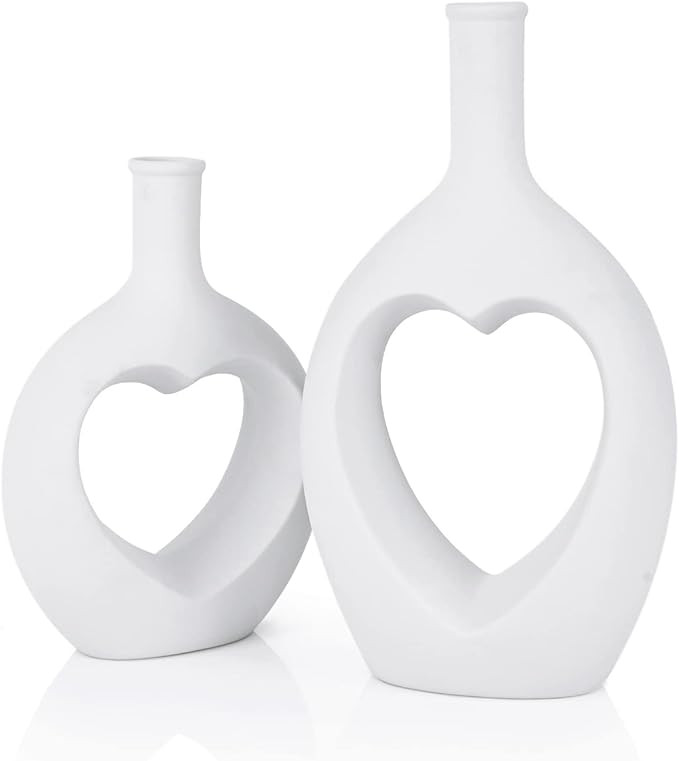 White Ceramic Heart Shaped Hollow Vase Set of 2，Valentine Table Flower Vase for Home Decoration... | Amazon (US)