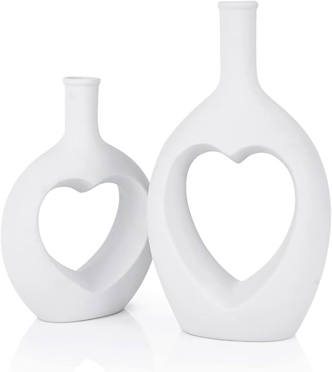 Hismir White Ceramic Heart Shaped Hollow Vase Set of 2，Valentine Table Flower Vase for Home Dec... | Amazon (US)