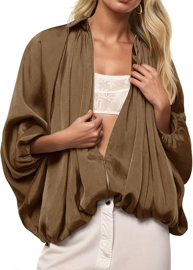 Tankaneo Womens Bomber Jackets Oversized Batwing Sleeve Zip Up Puffed Jacket Lapel Collar Pleated... | Amazon (US)