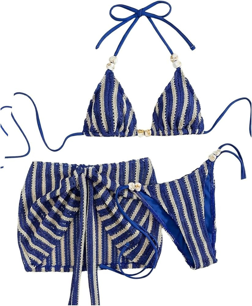 Verdusa Women's 3 Piece Halter Bikini Sets Striped Beaded Triangle Swimsuit with Beach Cover Up S... | Amazon (US)